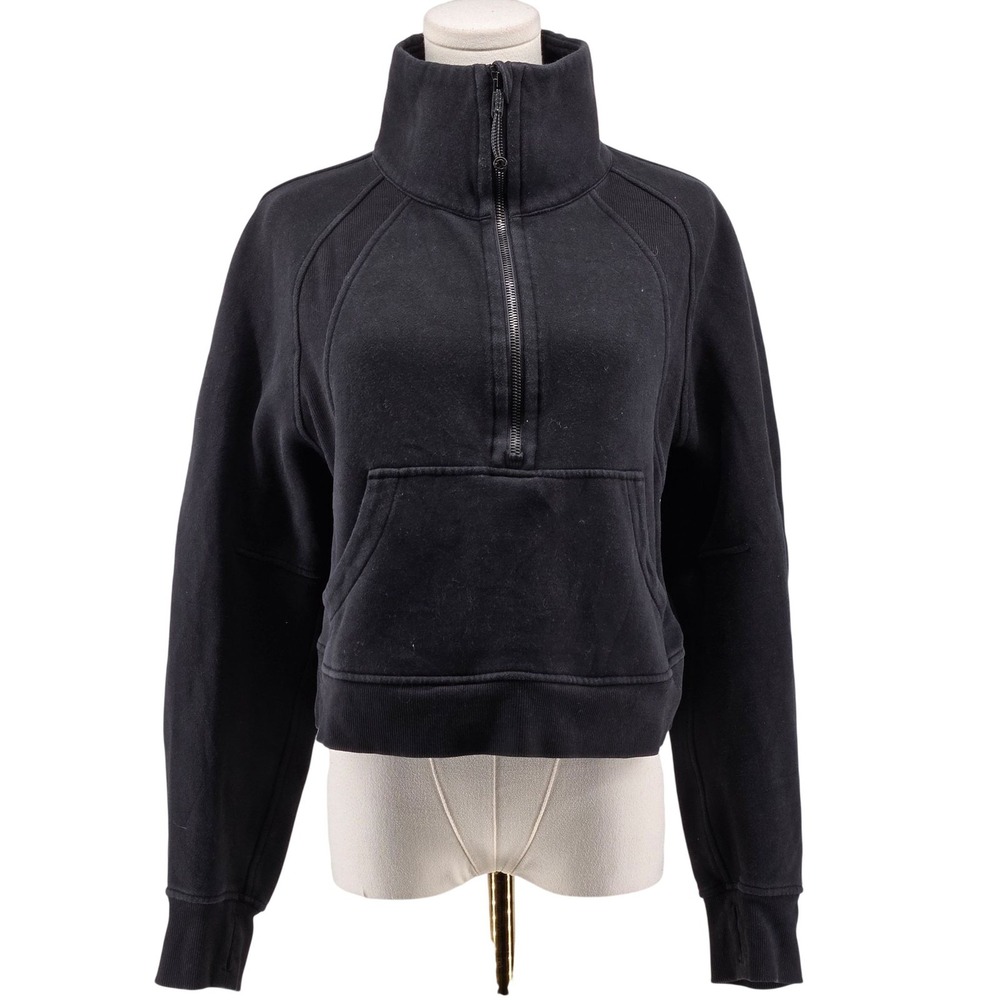 Lululemon Sweatshirt Womens M Black 1/4 Zip Fleece Pockets High Neck Logo
